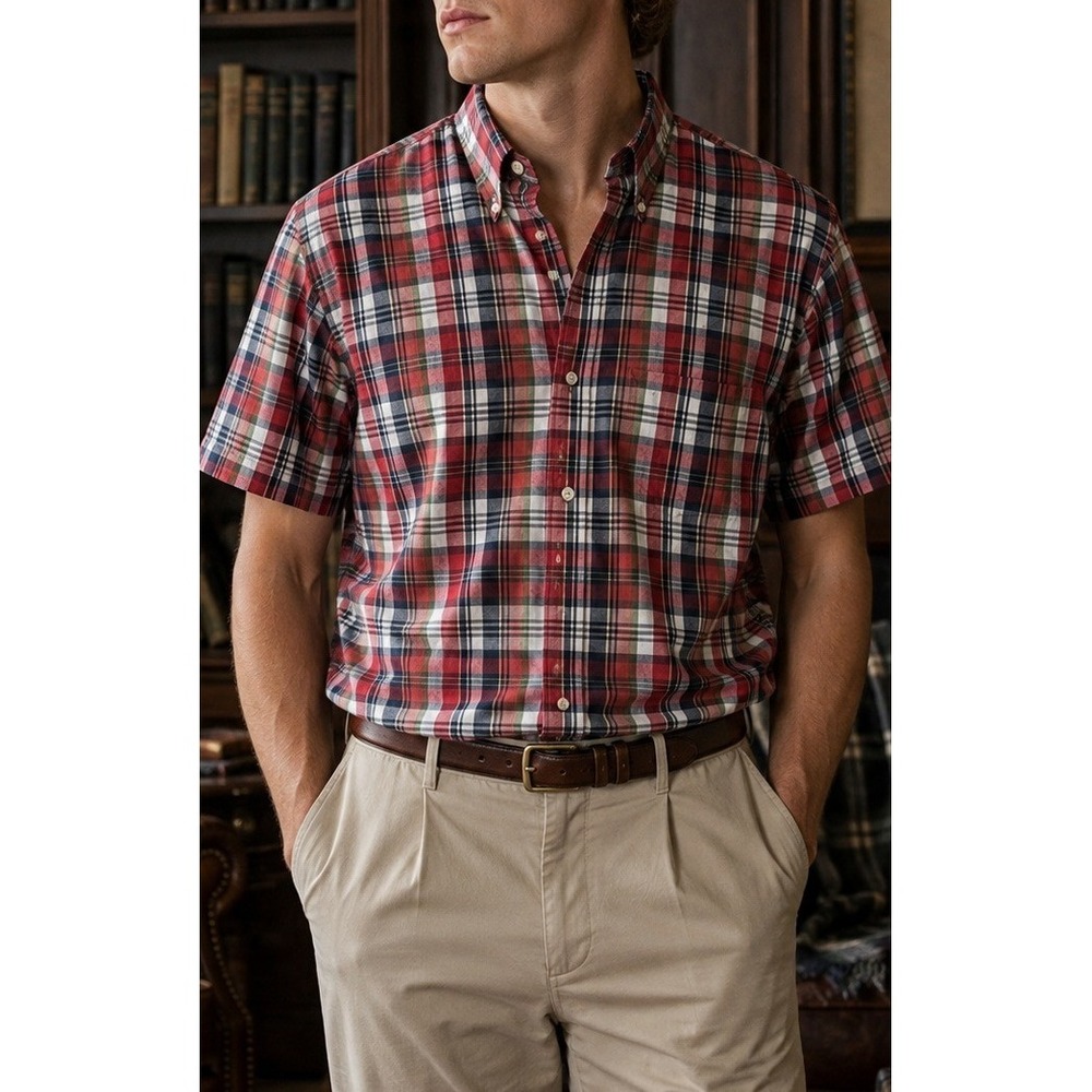 Vintage Lands End Mens Plaid Short Sleeve Button Down Shirt M 15-15.5 Hong Kong